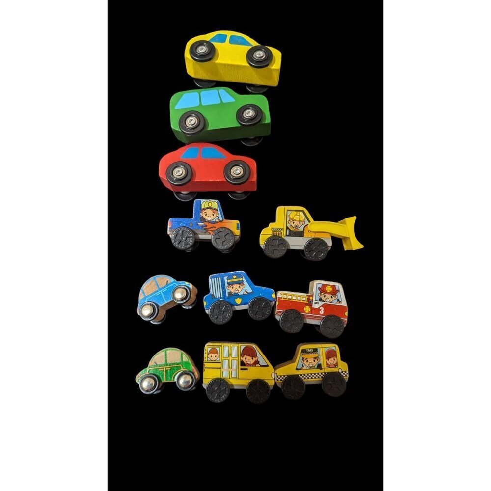 Vintage Wooden Toy Car Set - 9 Colorful Vehicles - Kids Playtime‎ Fun!